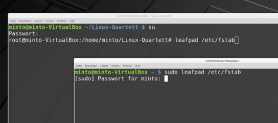 通过sudo和su su打开文件“fstab” - 在Ubuntu衍生Linux Mint中。