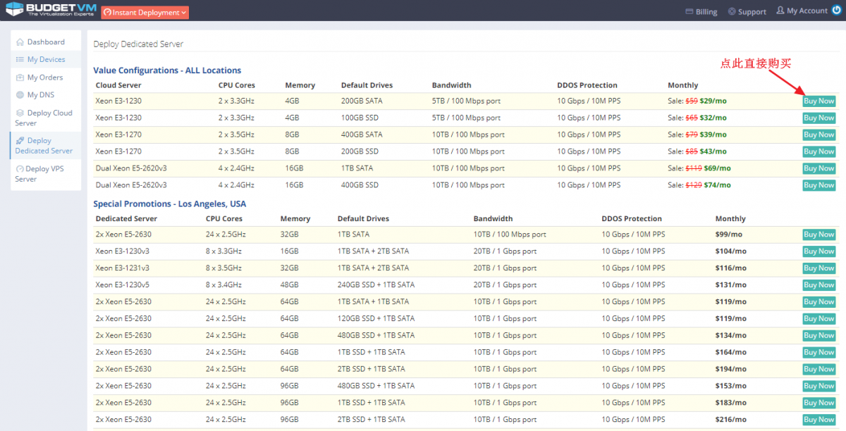 BudgetVM美国服务器方案列表