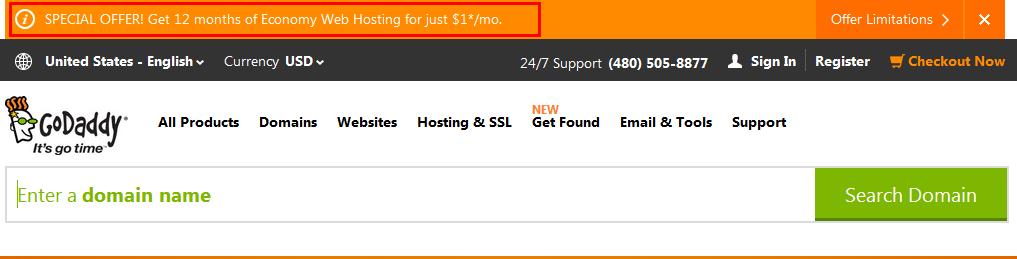 GoDaddy主机经济型方案1美元每月优惠再次来袭