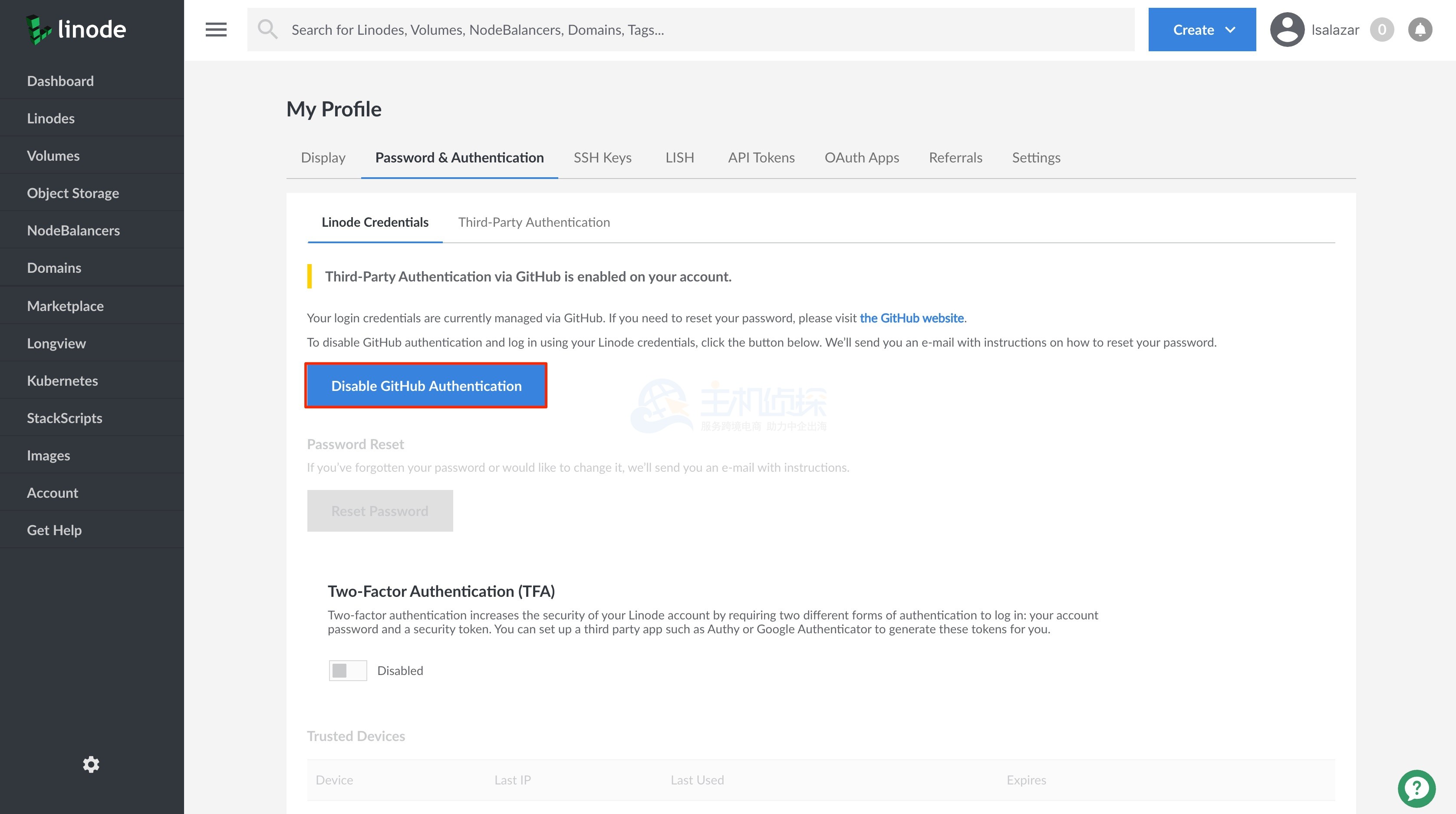 Linode禁用GitHub身份验证