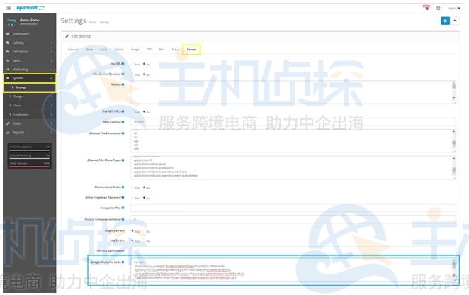 将复制的跟踪代码粘贴到OpenCart商店的服务器设置中