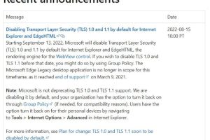 微软宣布将于9月13日禁用TLS 1.0/1.1安全协议