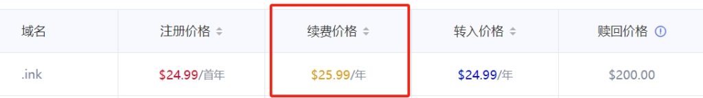 .ink域名续费价格