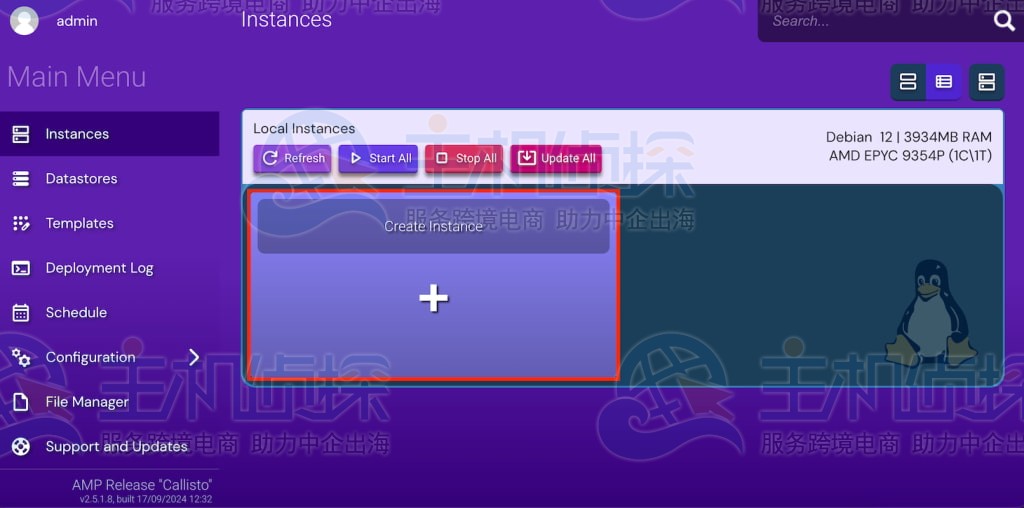 Hostinger 游戏面板上的实例创建按钮