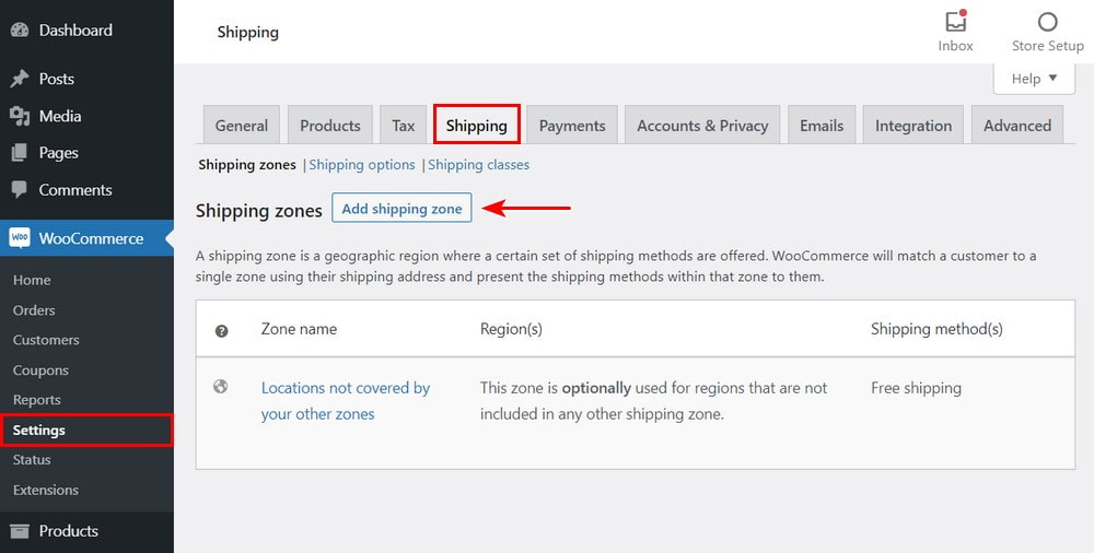 添加新的WooCommerce配送区域