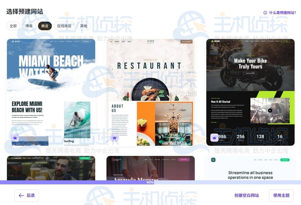 选择预建网站类型