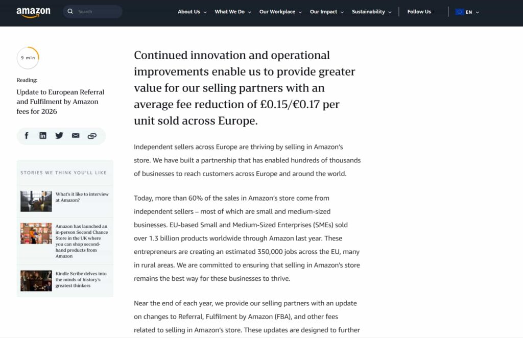 2026年亚马逊欧洲站销售佣金和亚马逊物流费用变更