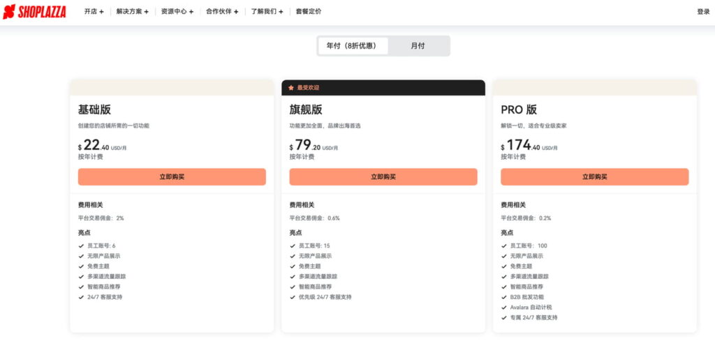 Shoplazza的建站套餐