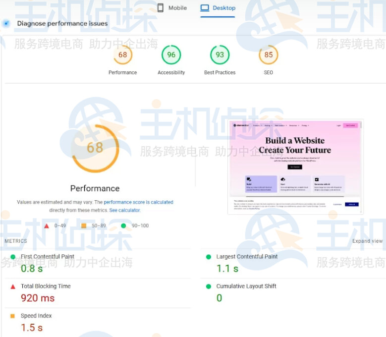 Elementor Hosting的Google PageSpeed Insights结果