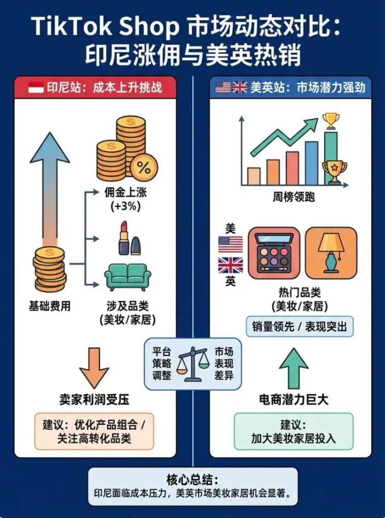 TikTok Shop印尼站佣金调整通知截图及美英周榜美妆家居品类排名