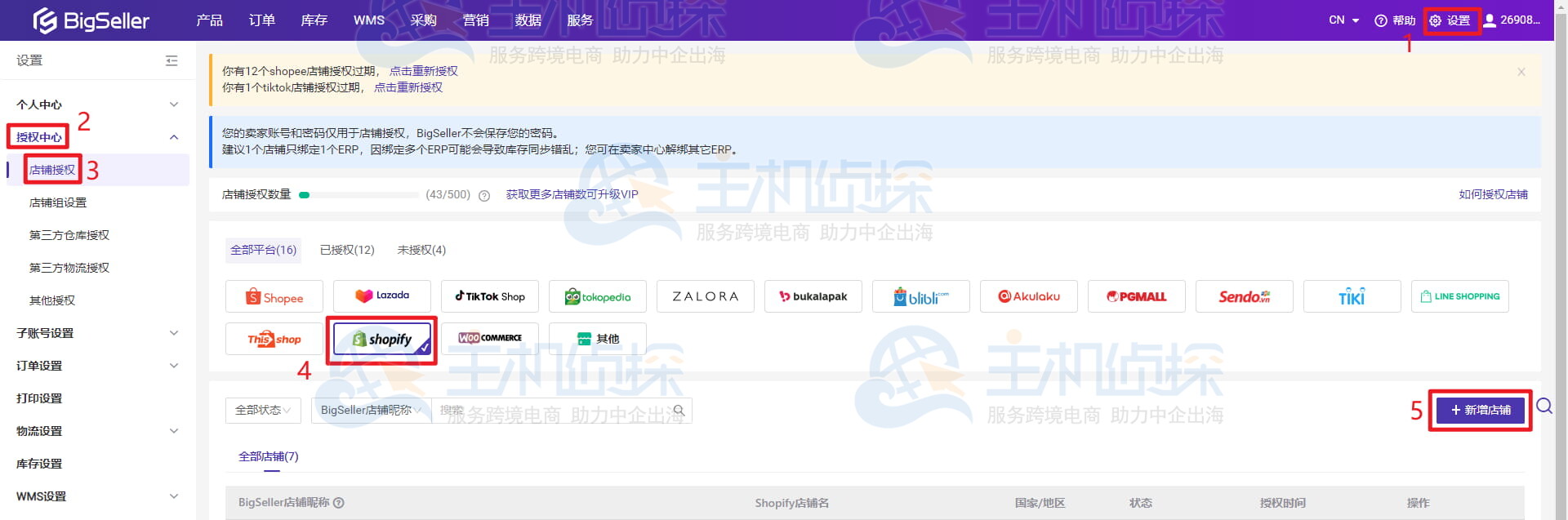 账号授权页绑定shopify店铺