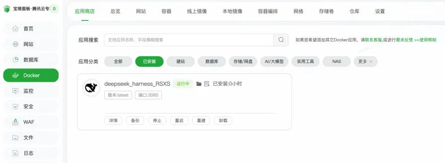 查看 DeepSeek Harness 运行状态、端口以及容器日志